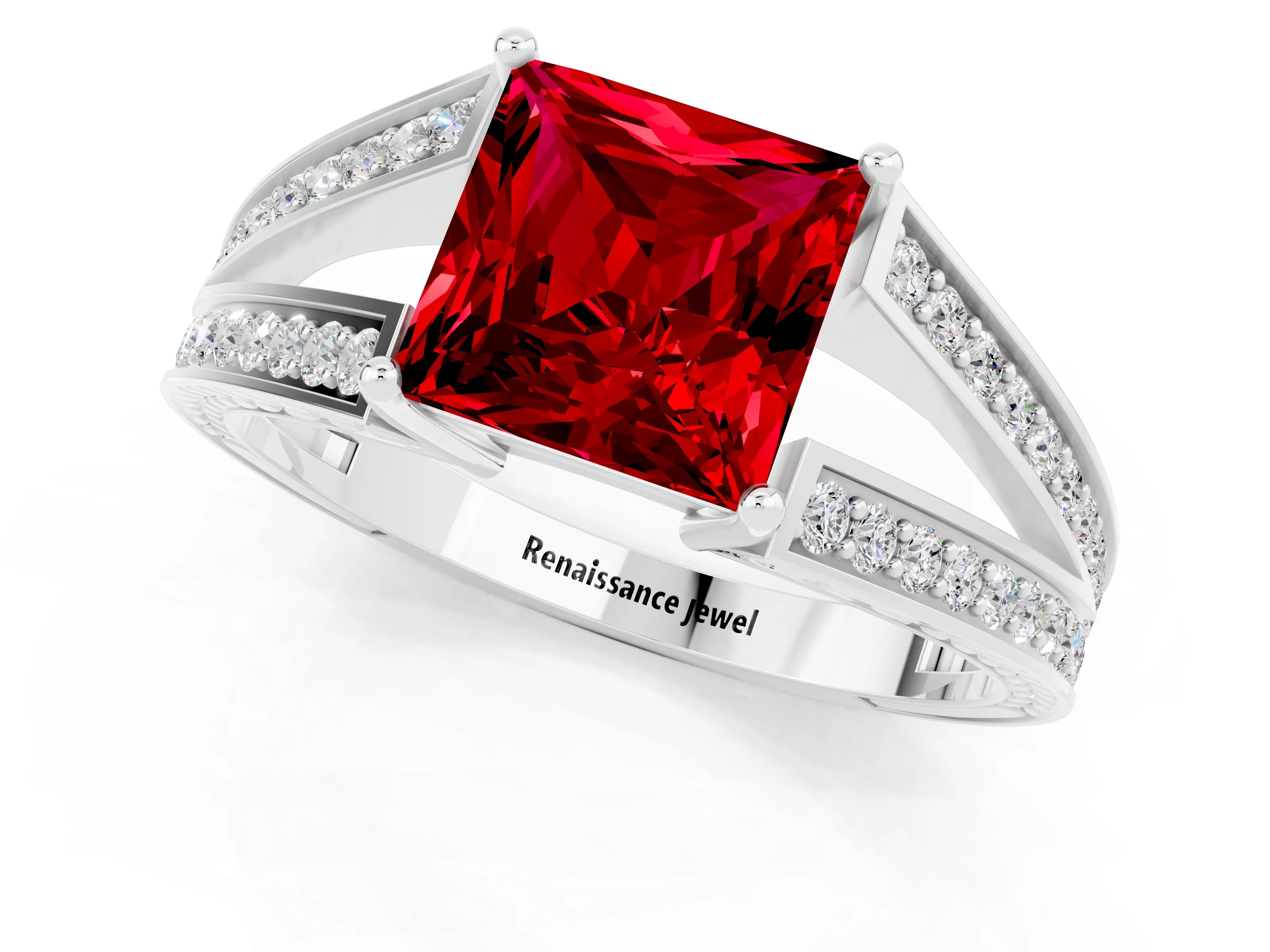 White gold Princess Cut Ruby Split Shank Ring with Pavé Band and Four-Prong Setting_1