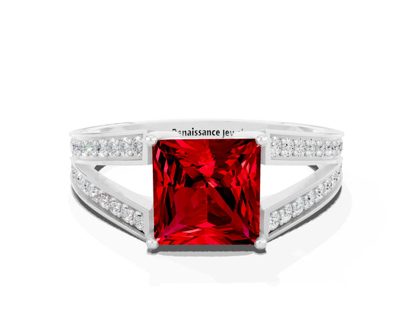 Silver Princess Cut Ruby Split Shank Ring with Pavé Band and Four-Prong Setting