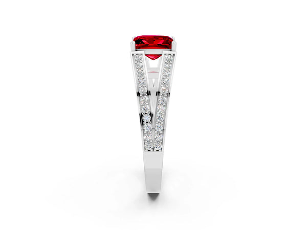 Silver Princess Cut Ruby Split Shank Ring with Pavé Band and Four-Prong Setting