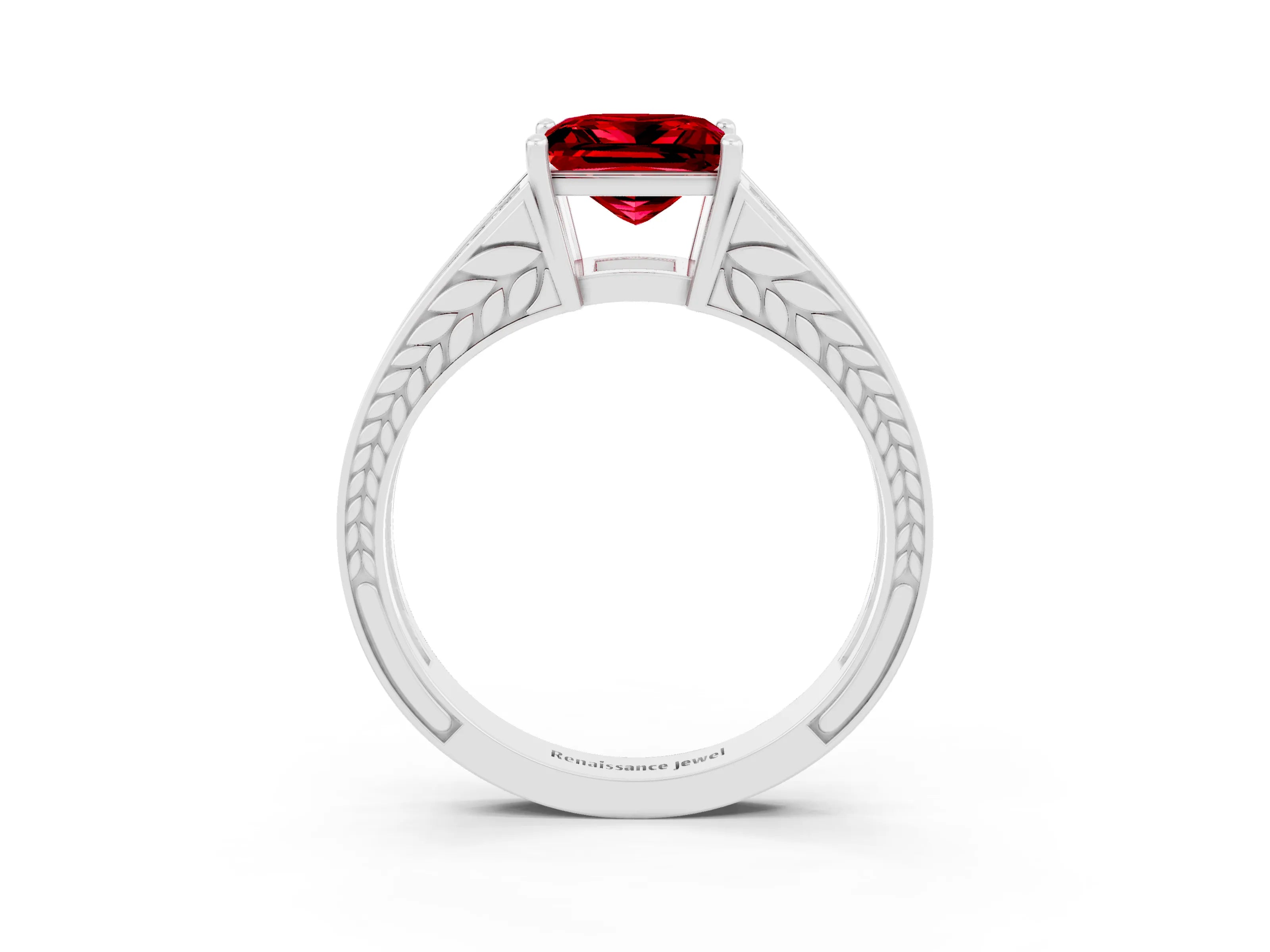 White gold Princess Cut Ruby Split Shank Ring with Pavé Band and Four-Prong Setting_3