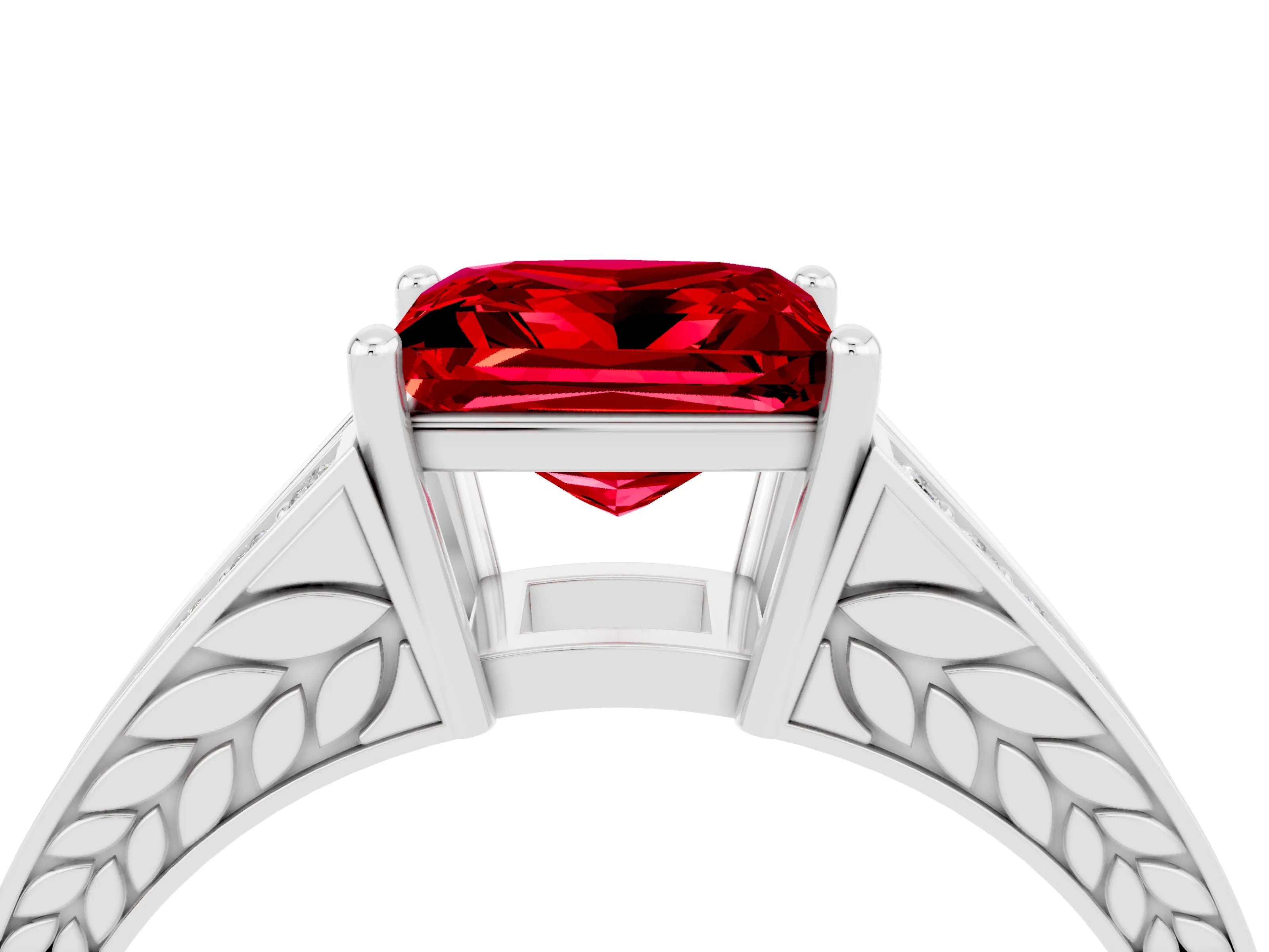White gold Princess Cut Ruby Split Shank Ring with Pavé Band and Four-Prong Setting_4
