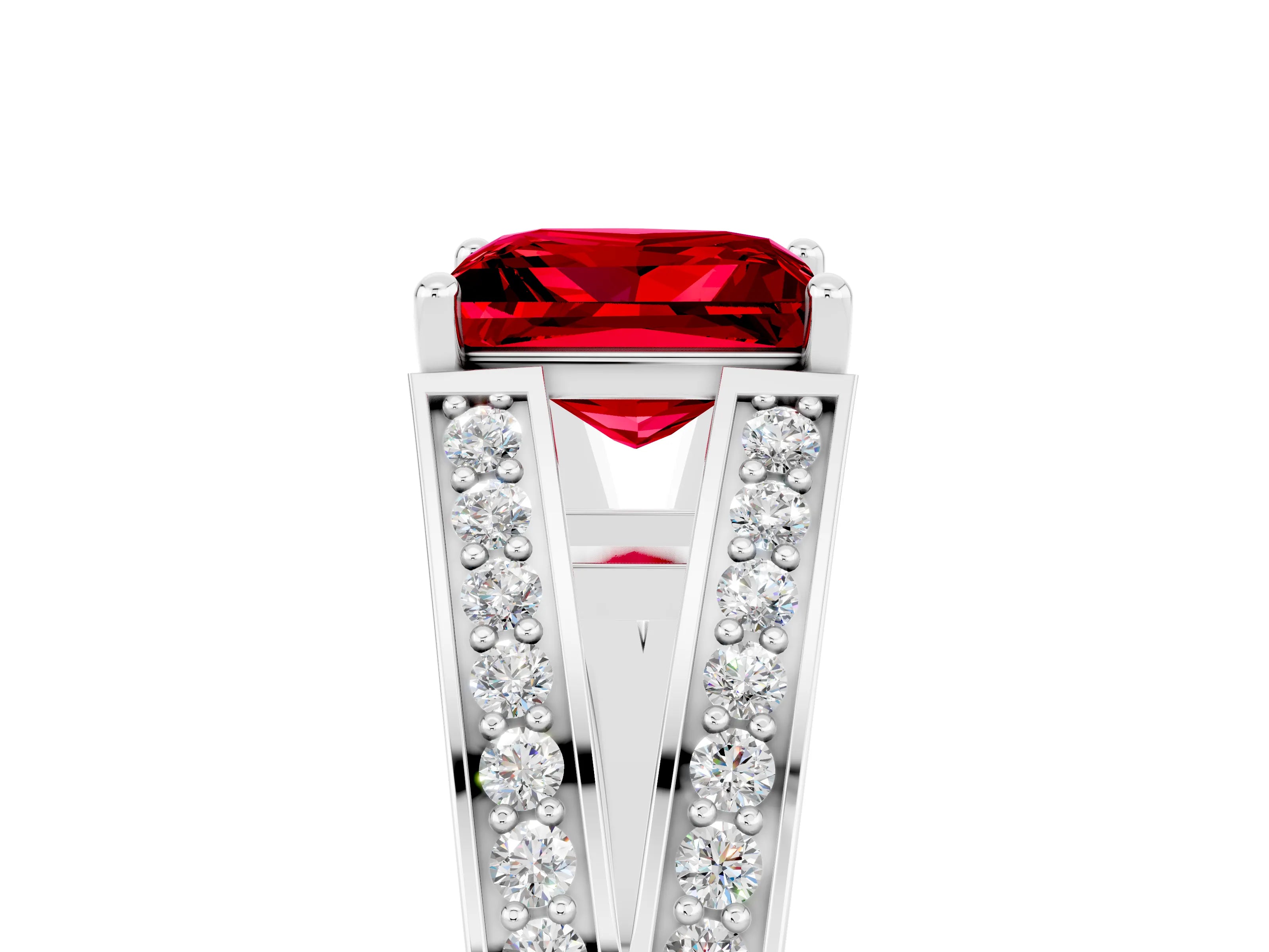 White gold Princess Cut Ruby Split Shank Ring with Pavé Band and Four-Prong Setting_5