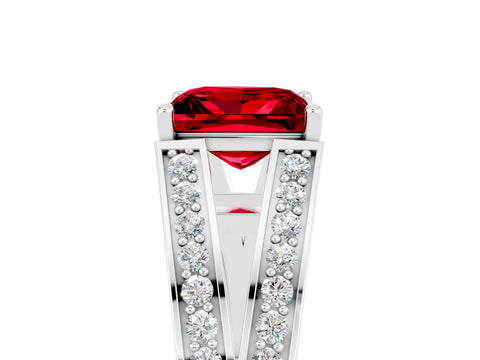 White gold Princess Cut Ruby Split Shank Ring with Pavé Band and Four-Prong Setting_5