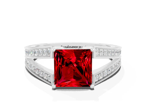 White gold Princess Cut Ruby Split Shank Ring with Pavé Band and Four-Prong Setting