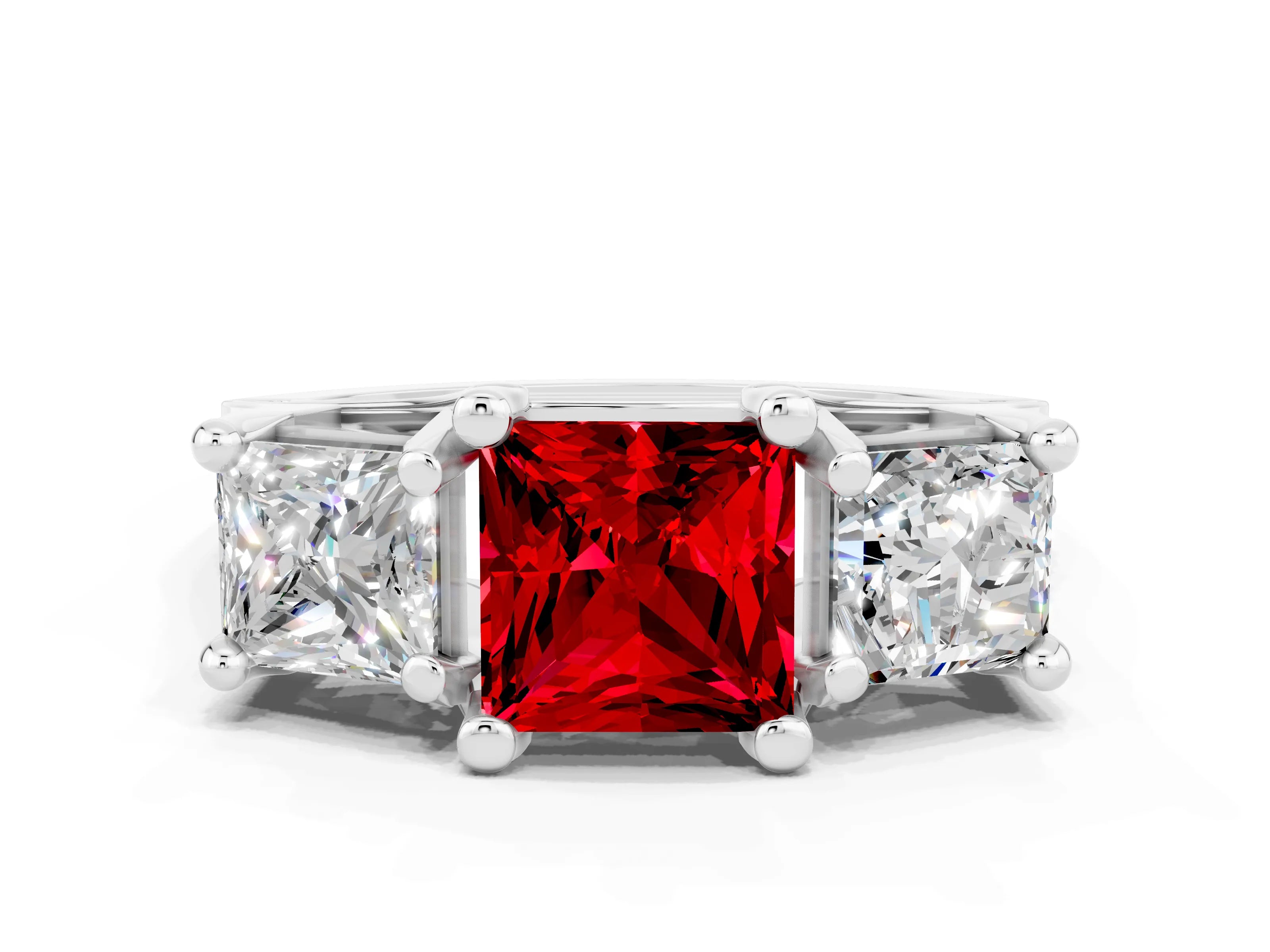 White gold Princess Cut Ruby Three-Stone Ring with Channel Set Band and Four-Prong Setting