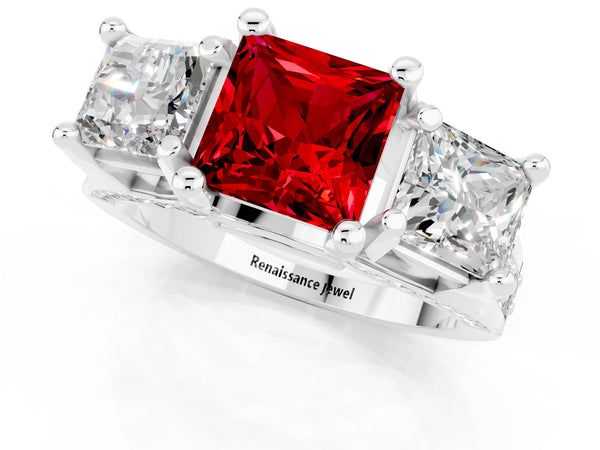 White gold Princess Cut Ruby Three-Stone Ring with Channel Set Band and Four-Prong Setting