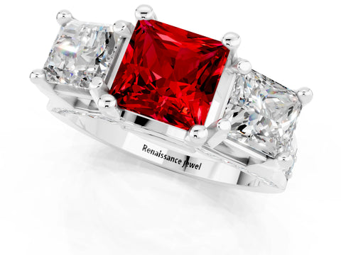 White gold Princess Cut Ruby Three-Stone Ring with Channel Set Band and Four-Prong Setting_1