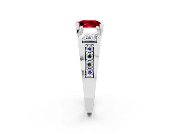 White gold Princess Cut Ruby Three-Stone Ring with Channel Set Band and Four-Prong Setting