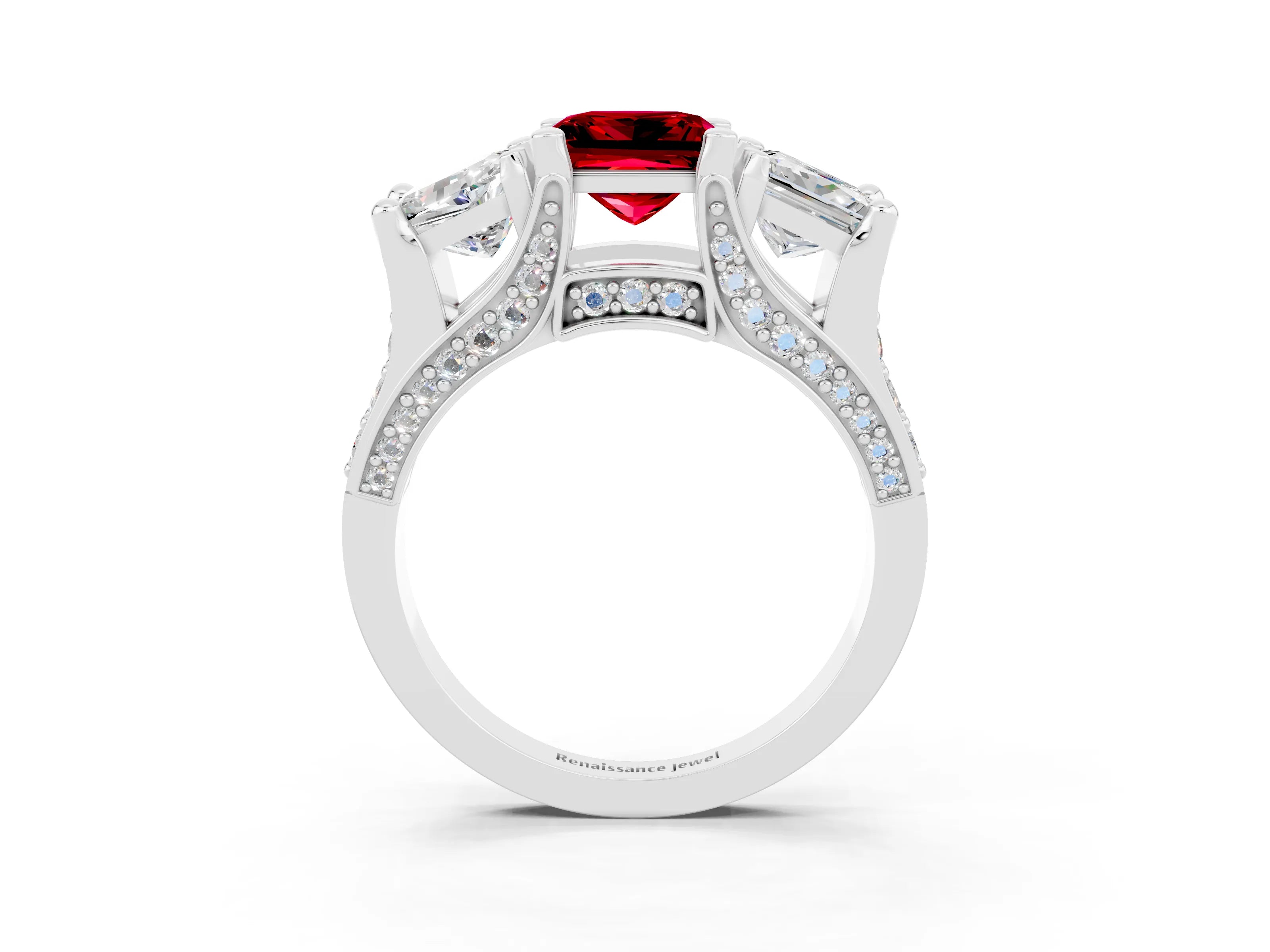 White gold Princess Cut Ruby Three-Stone Ring with Channel Set Band and Four-Prong Setting_3