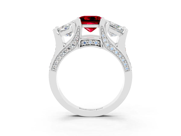 White gold Princess Cut Ruby Three-Stone Ring with Channel Set Band and Four-Prong Setting