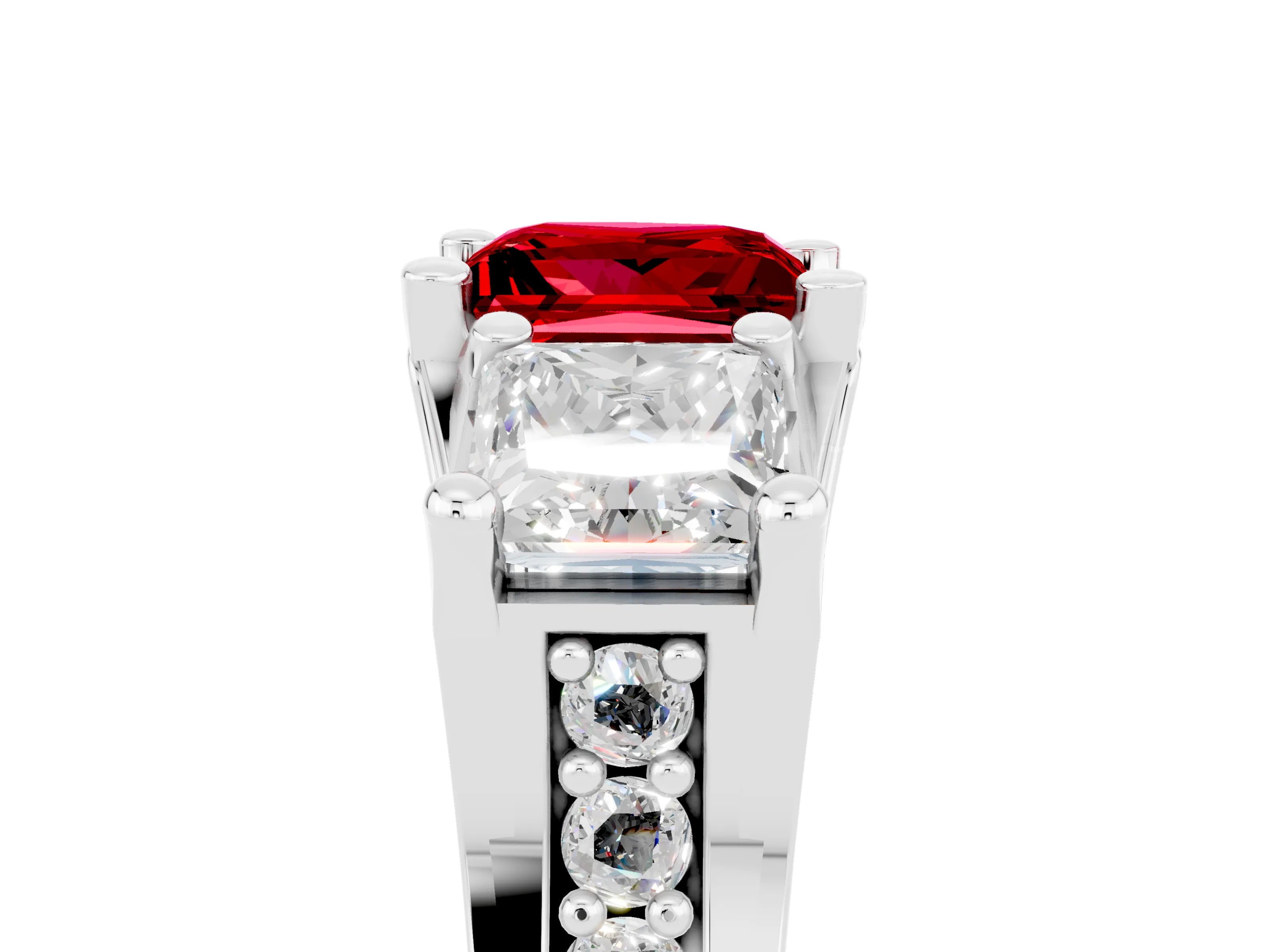White gold Princess Cut Ruby Three-Stone Ring with Channel Set Band and Four-Prong Setting_5