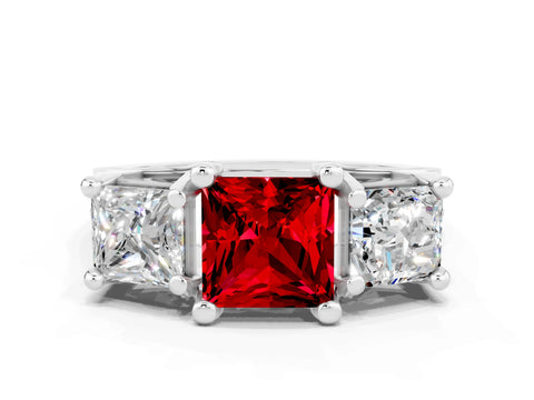 White gold Princess Cut Ruby Three-Stone Ring with Channel Set Band and Four-Prong Setting
