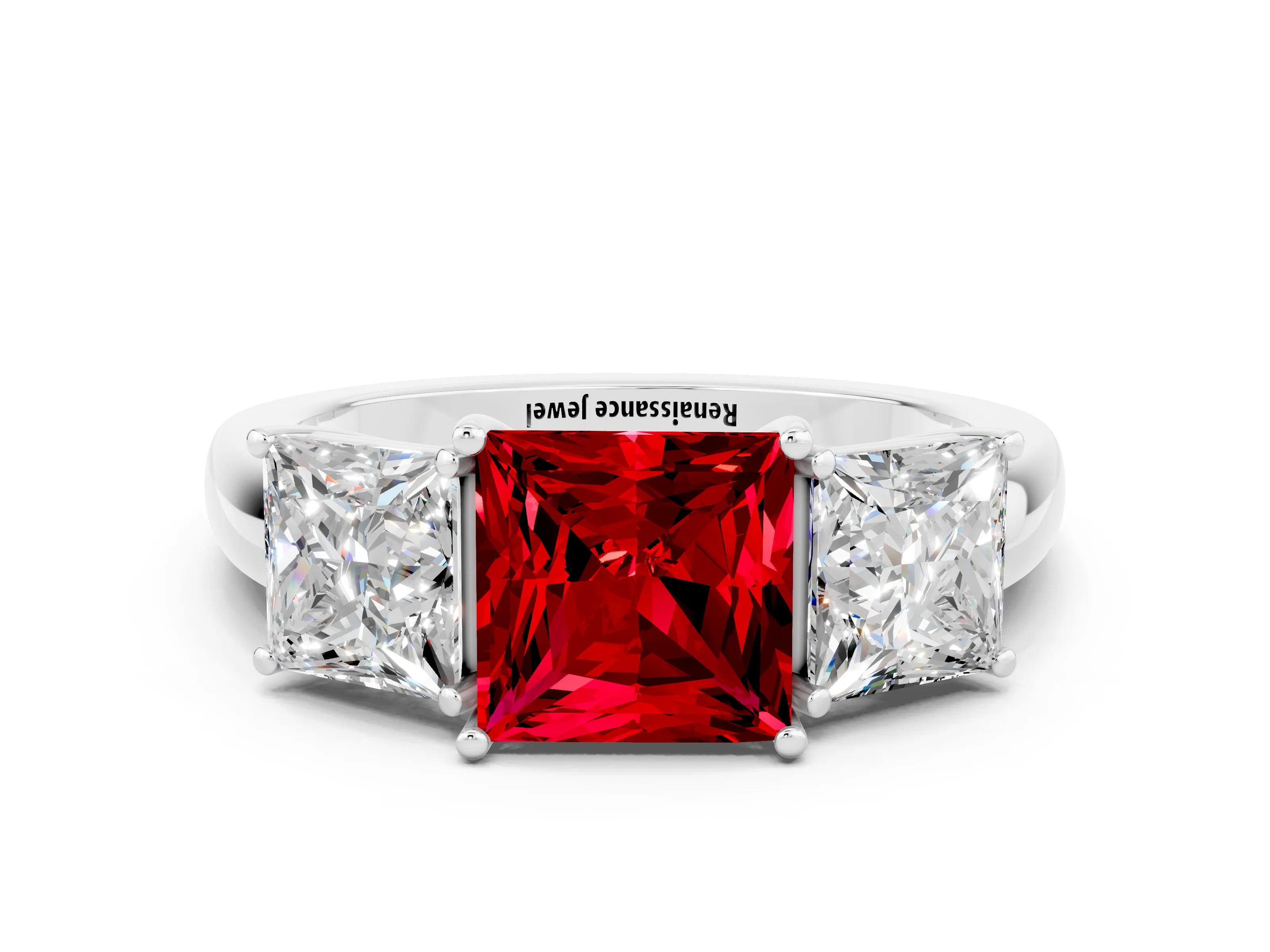 White gold Princess Cut Ruby Three-Stone Ring with Four-Prong Setting and Classic Band