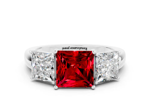 White gold Princess Cut Ruby Three-Stone Ring with Four-Prong Setting and Classic Band