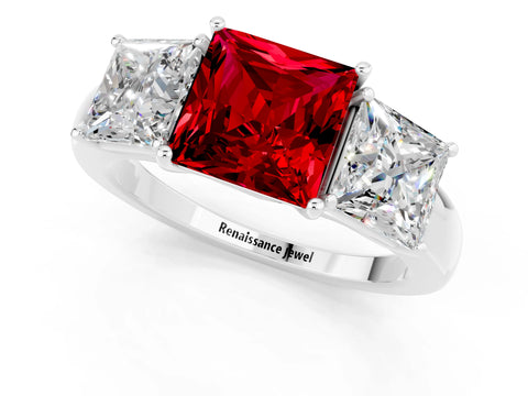 White gold Princess Cut Ruby Three-Stone Ring with Four-Prong Setting and Classic Band_1