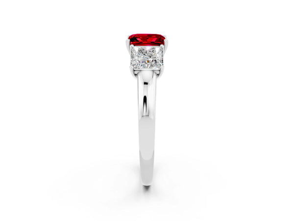 Platinum Princess Cut Ruby Three-Stone Ring with Four-Prong Setting and Classic Band