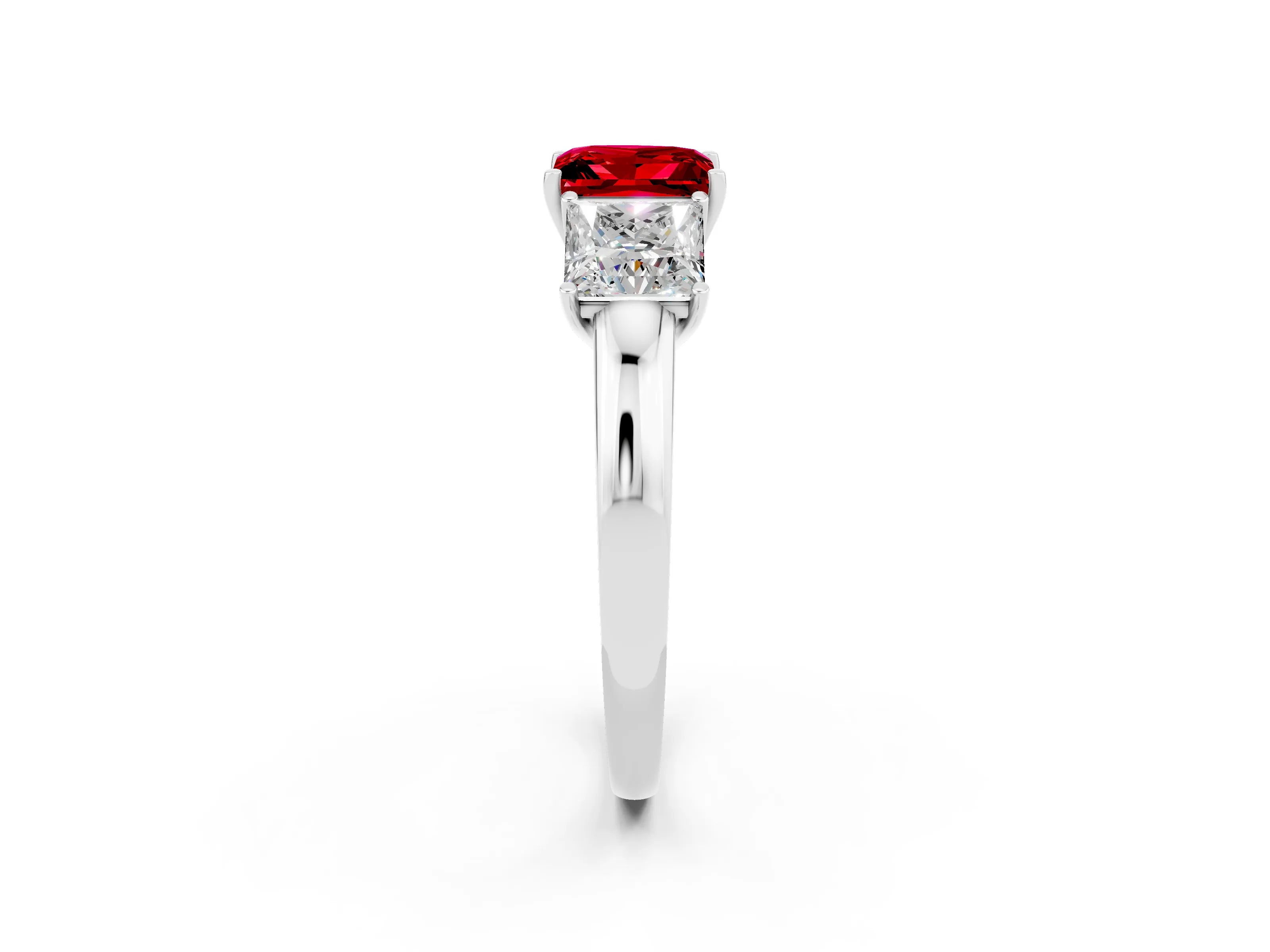 White gold Princess Cut Ruby Three-Stone Ring with Four-Prong Setting and Classic Band_2