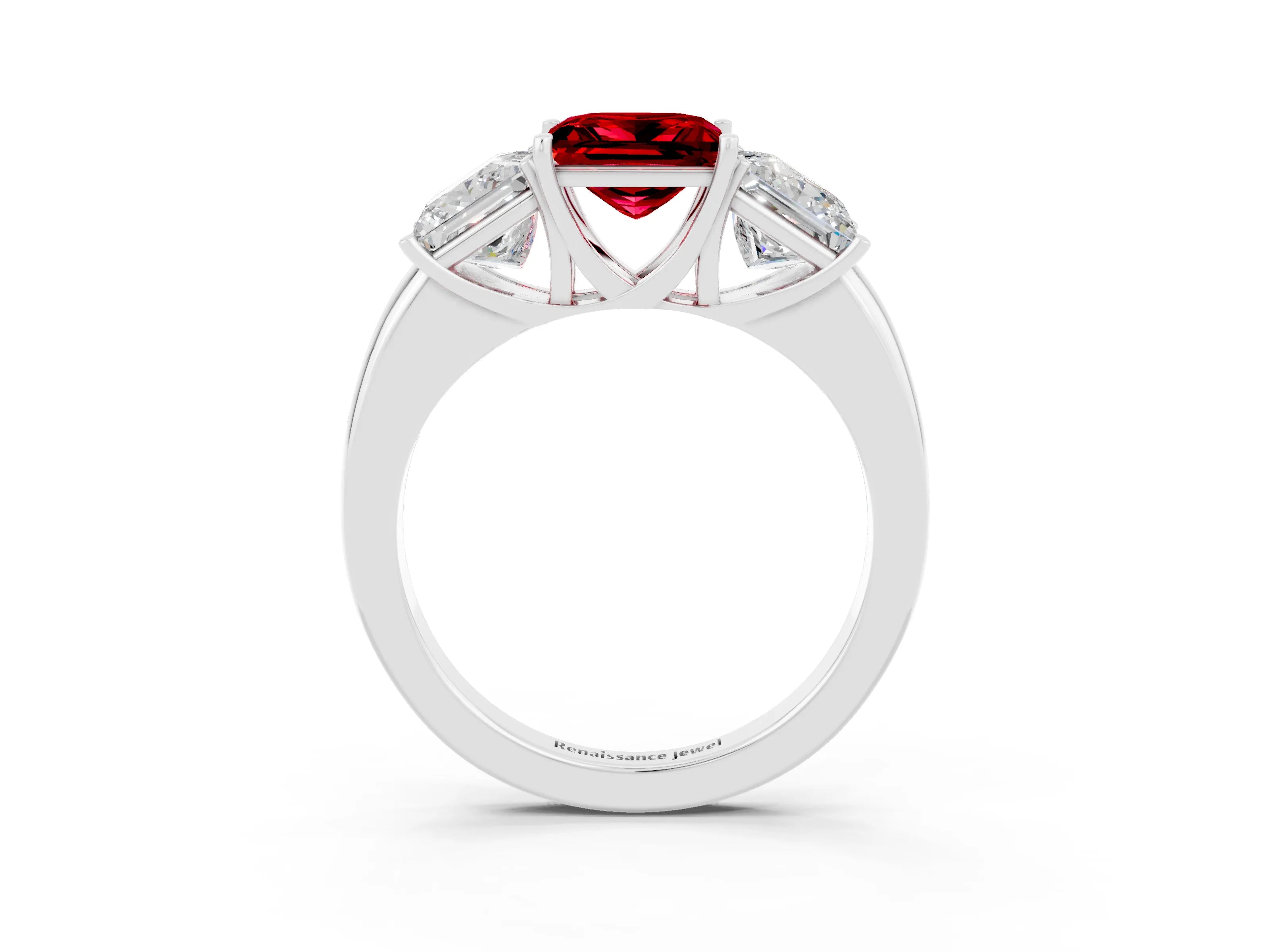 White gold Princess Cut Ruby Three-Stone Ring with Four-Prong Setting and Classic Band_3