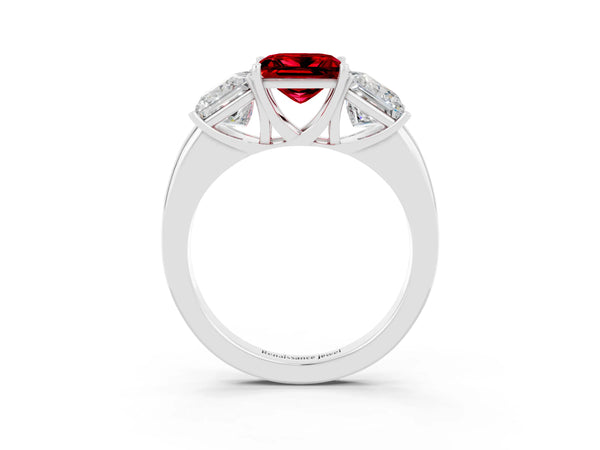 White gold Princess Cut Ruby Three-Stone Ring with Four-Prong Setting and Classic Band