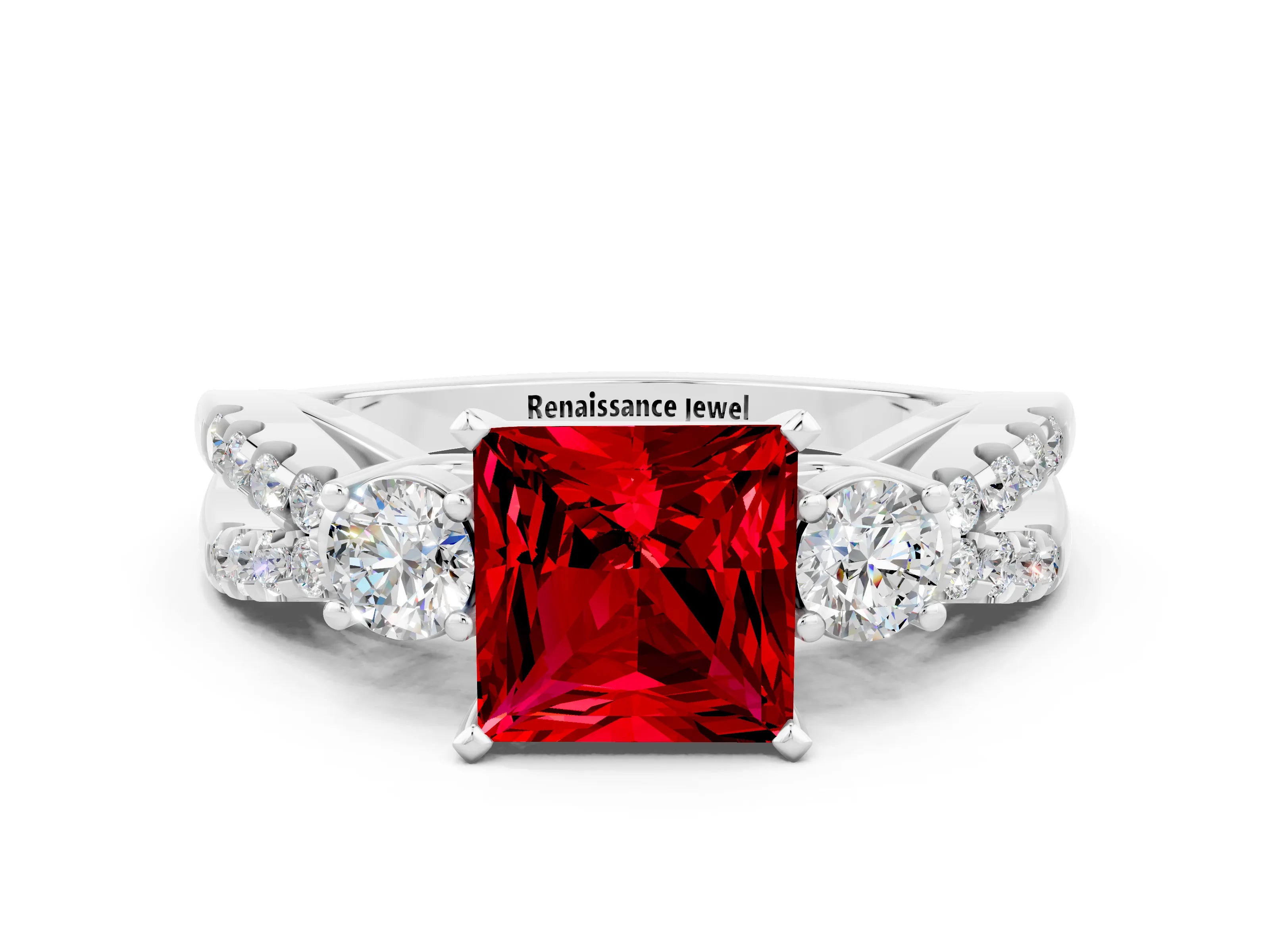 White gold Princess Cut Ruby Three-Stone Ring with Pavé Split Shank and Four-Prong Setting_12