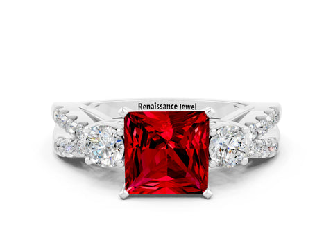 White gold Princess Cut Ruby Three-Stone Ring with Pavé Split Shank and Four-Prong Setting_12
