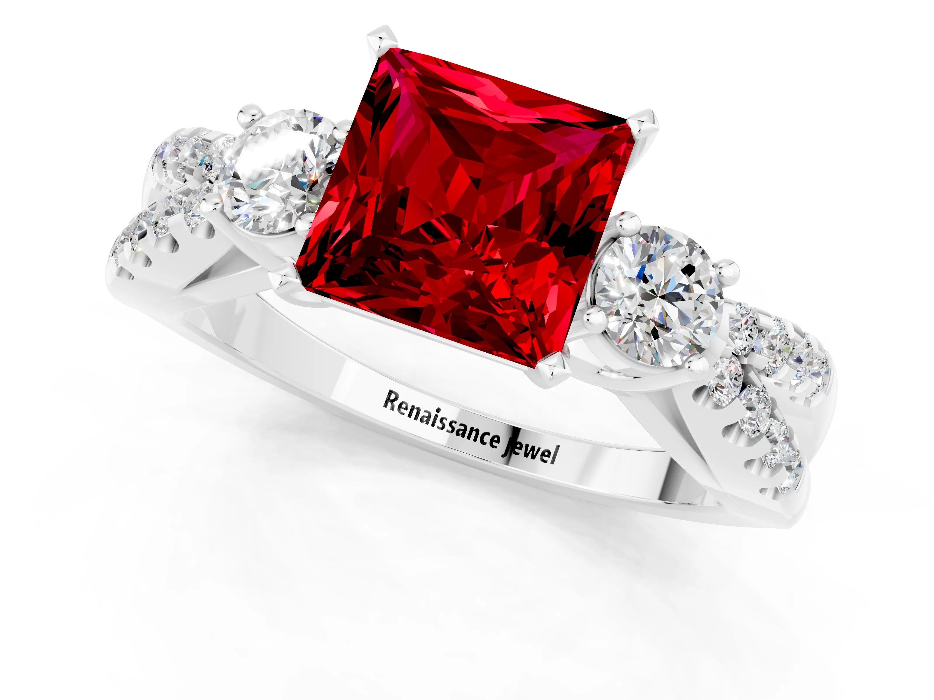 White gold Princess Cut Ruby Three-Stone Ring with Pavé Split Shank and Four-Prong Setting_13
