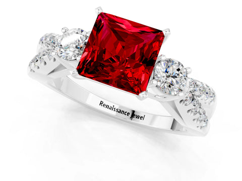 White gold Princess Cut Ruby Three-Stone Ring with Pavé Split Shank and Four-Prong Setting_13