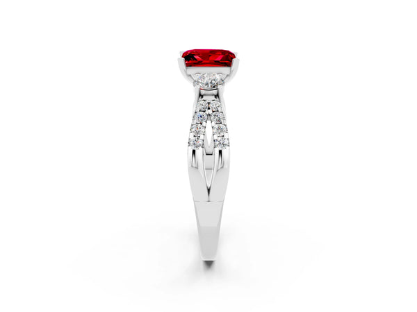 Silver Princess Cut Ruby Three-Stone Ring with Pavé Split Shank and Four-Prong Setting