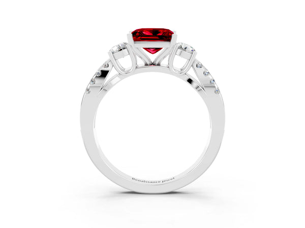 Silver Princess Cut Ruby Three-Stone Ring with Pavé Split Shank and Four-Prong Setting