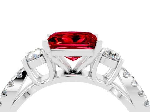 White gold Princess Cut Ruby Three-Stone Ring with Pavé Split Shank and Four-Prong Setting_16