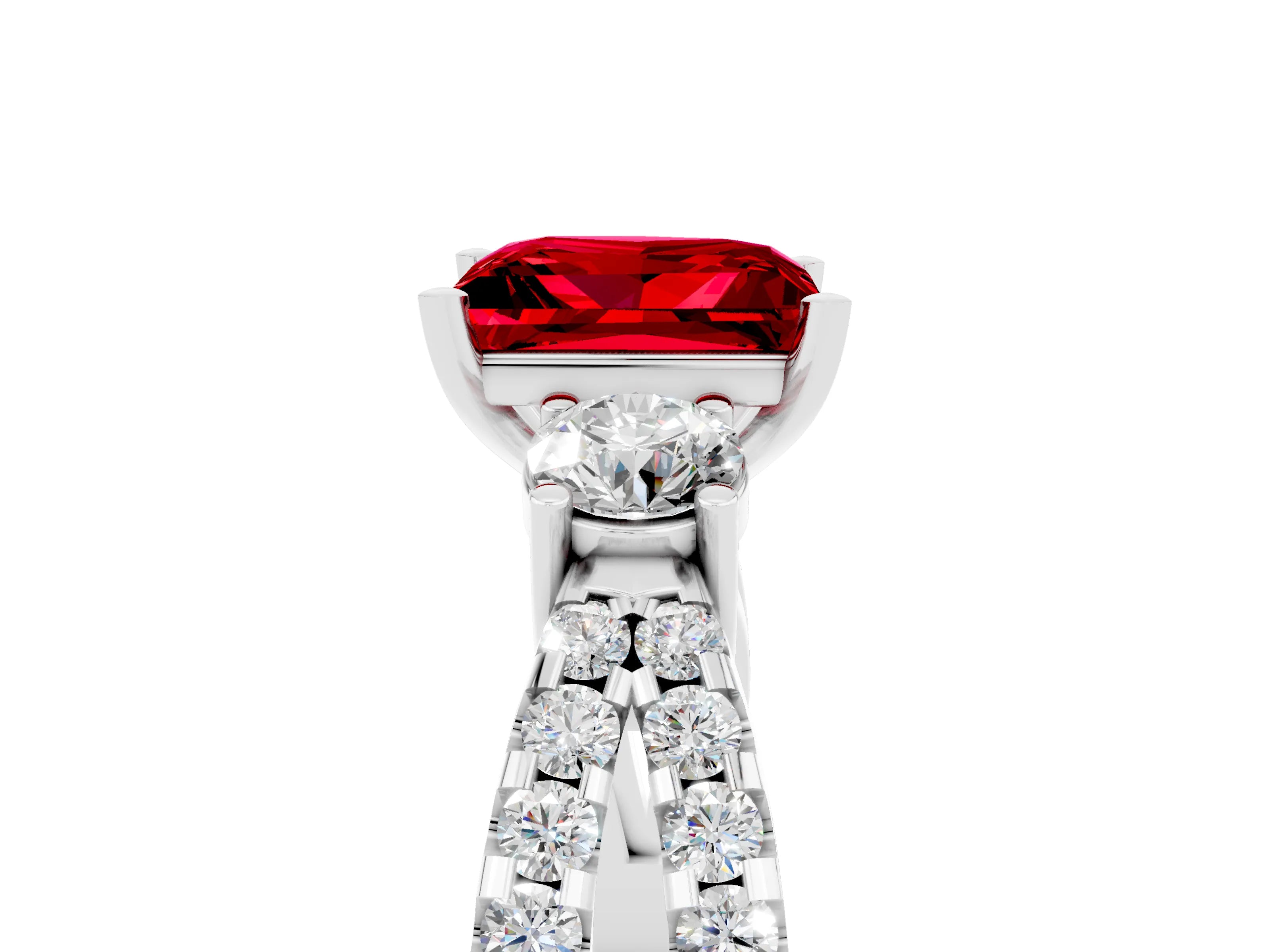 White gold Princess Cut Ruby Three-Stone Ring with Pavé Split Shank and Four-Prong Setting_17