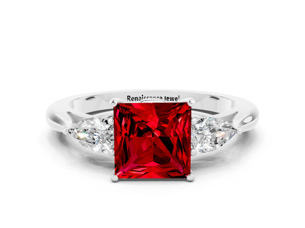 Platinum Princess Cut Ruby Three-Stone Ring with Pear  Side Stones and Prong Setting