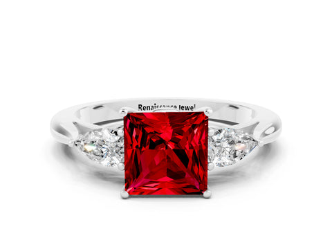 White gold Princess Cut Ruby Three-Stone Ring with Pear Side Stones and Four-Prong Setting_12