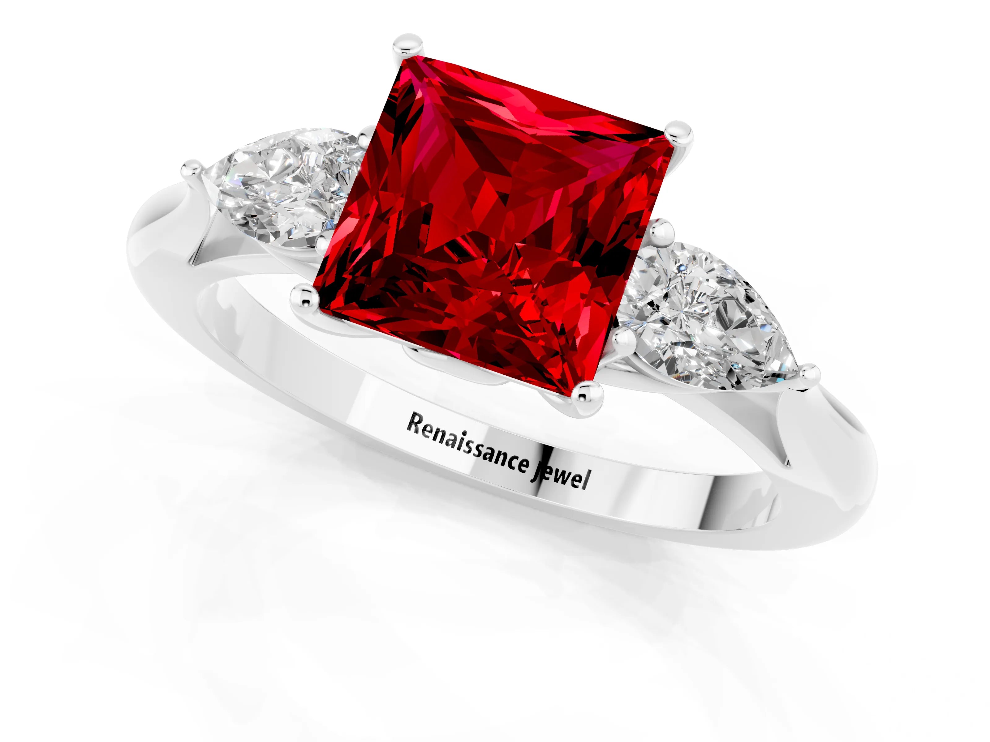 White gold Princess Cut Ruby Three-Stone Ring with Pear Side Stones and Four-Prong Setting_13