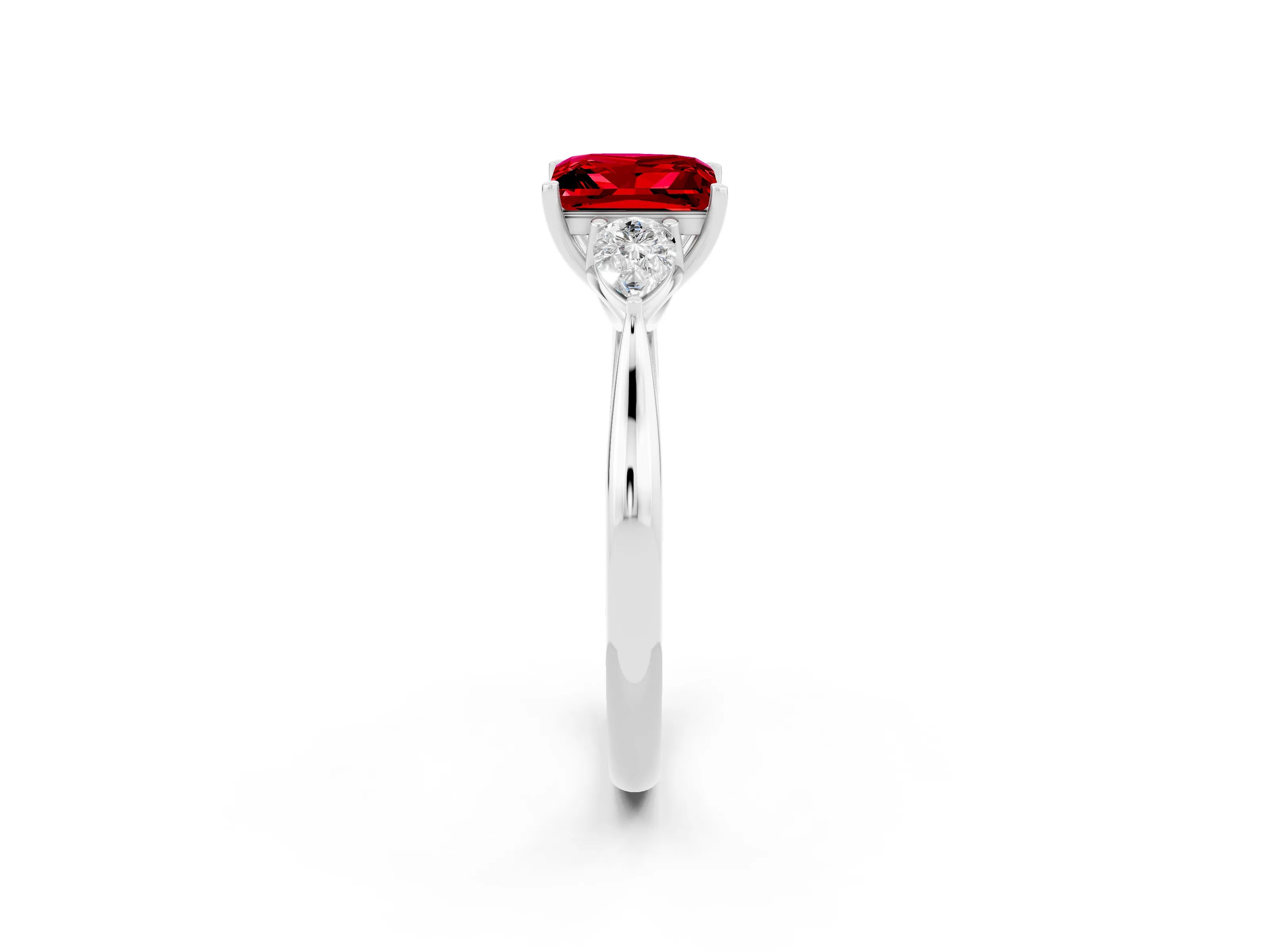 White gold Princess Cut Ruby Three-Stone Ring with Pear Side Stones and Four-Prong Setting_14