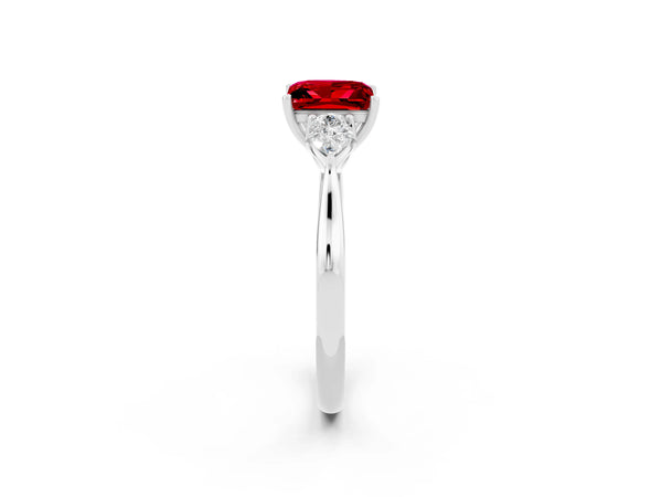Platinum Princess Cut Ruby Three-Stone Ring with Pear  Side Stones and Prong Setting