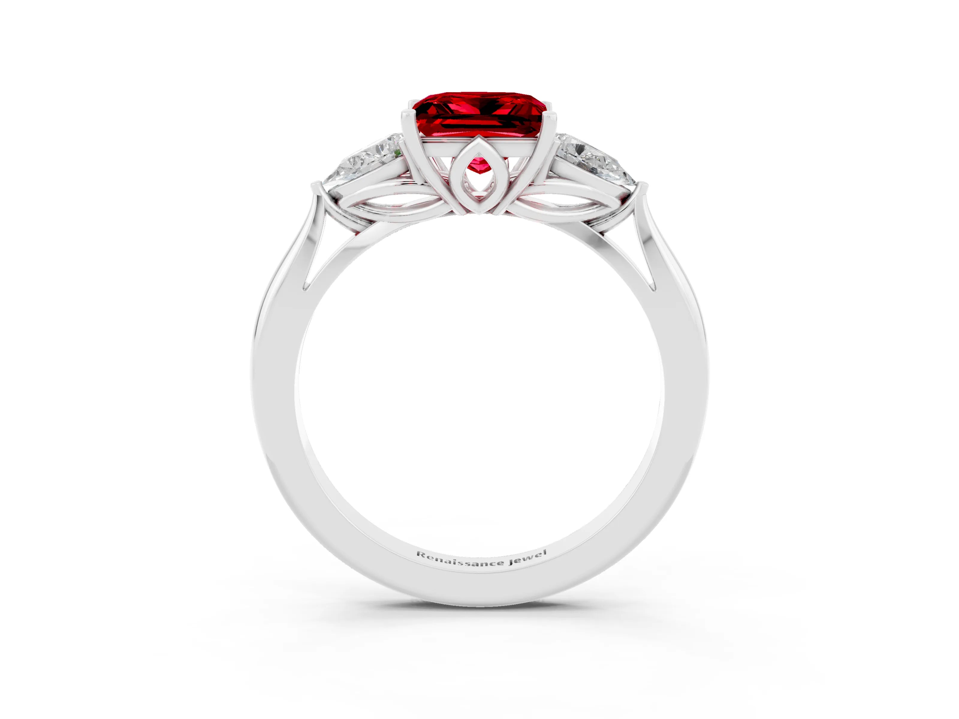White gold Princess Cut Ruby Three-Stone Ring with Pear Side Stones and Four-Prong Setting_15