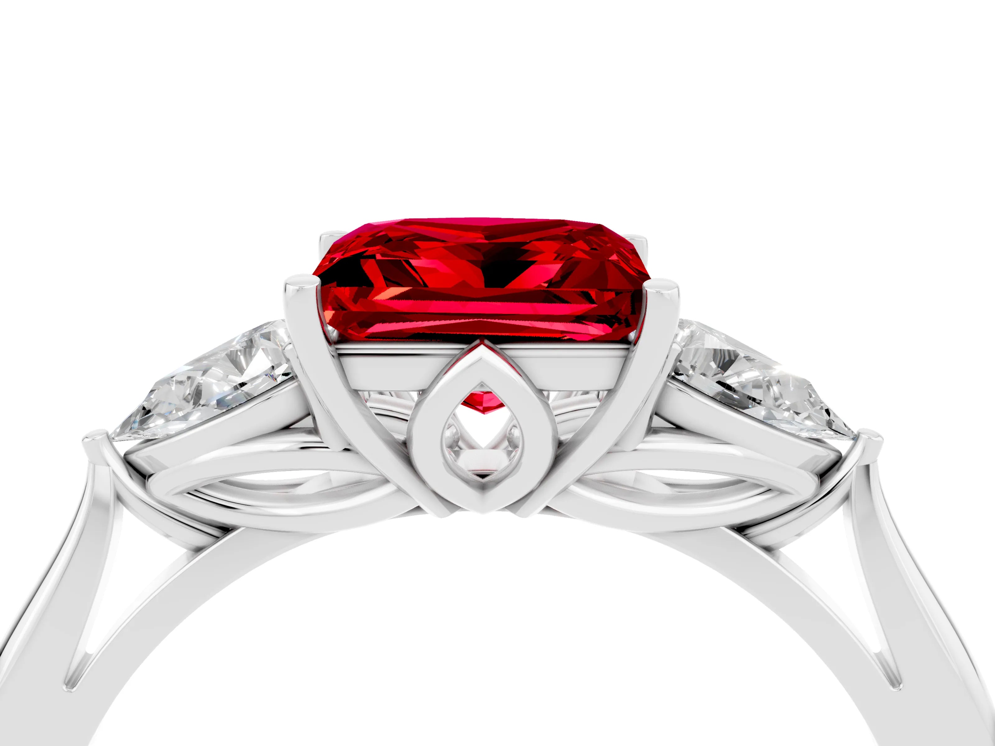 White gold Princess Cut Ruby Three-Stone Ring with Pear Side Stones and Four-Prong Setting_16
