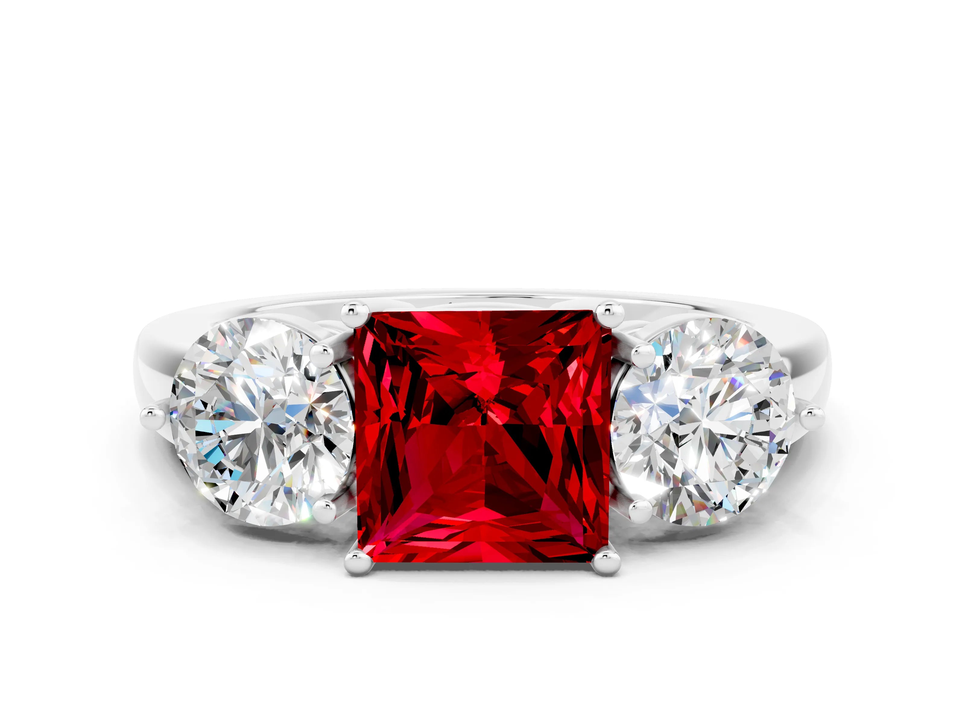 White gold Princess Cut Ruby Three-Stone Ring with Prong Setting and Classic Band