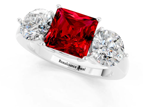 White gold Princess Cut Ruby Three-Stone Ring with Prong Setting and Classic Band_1