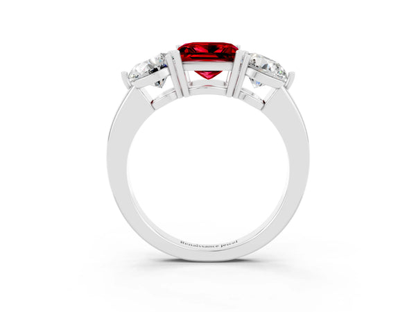 White gold Princess Cut Ruby Three-Stone Ring with Prong Setting and Classic Band