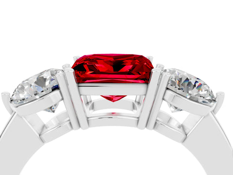 White gold Princess Cut Ruby Three-Stone Ring with Prong Setting and Classic Band_4