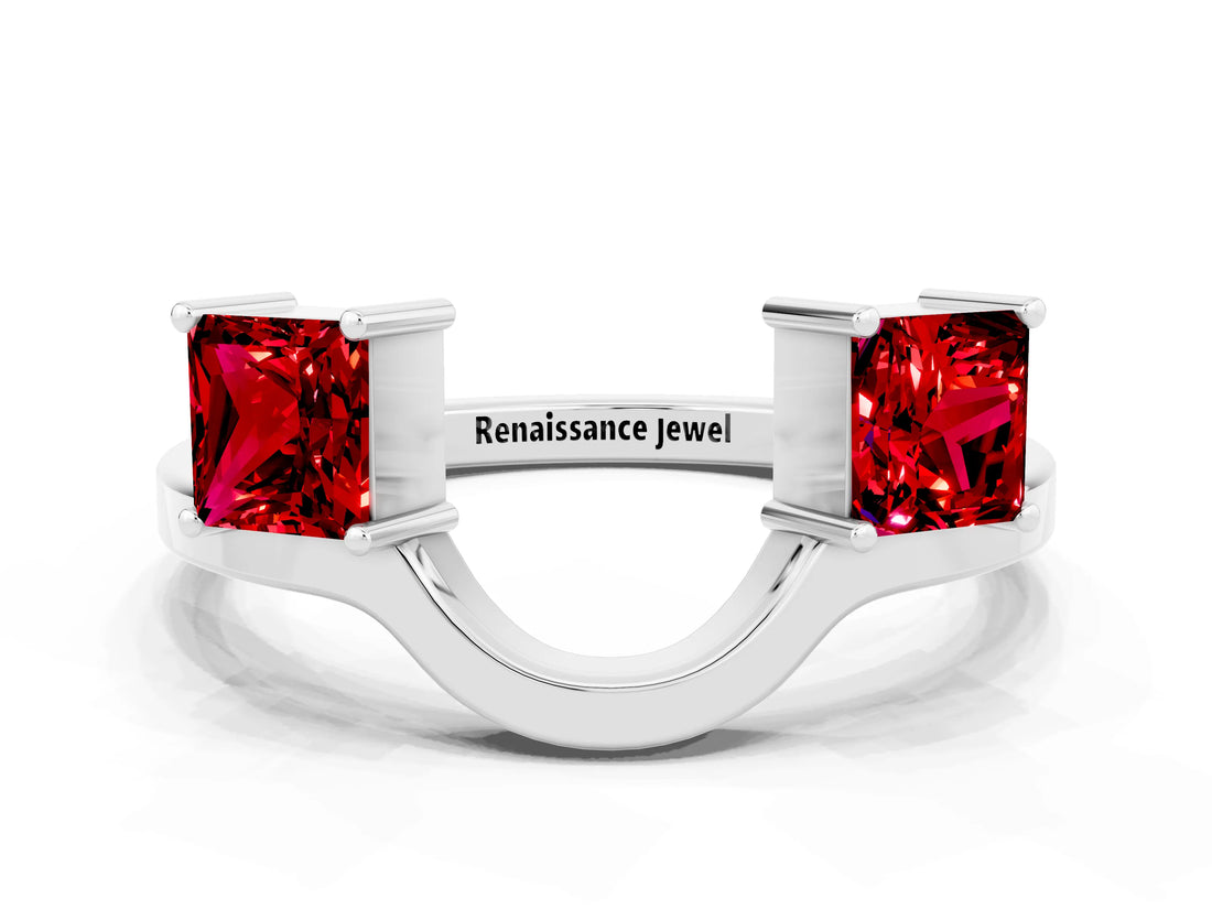 White gold Princess Cut Ruby Two-Stone Open Band Ring with Four-Prong Setting_6