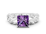 White gold Princess Cut Solitaire Amethyst Leaf-Inspired Vine Band Ring with Prong Setting