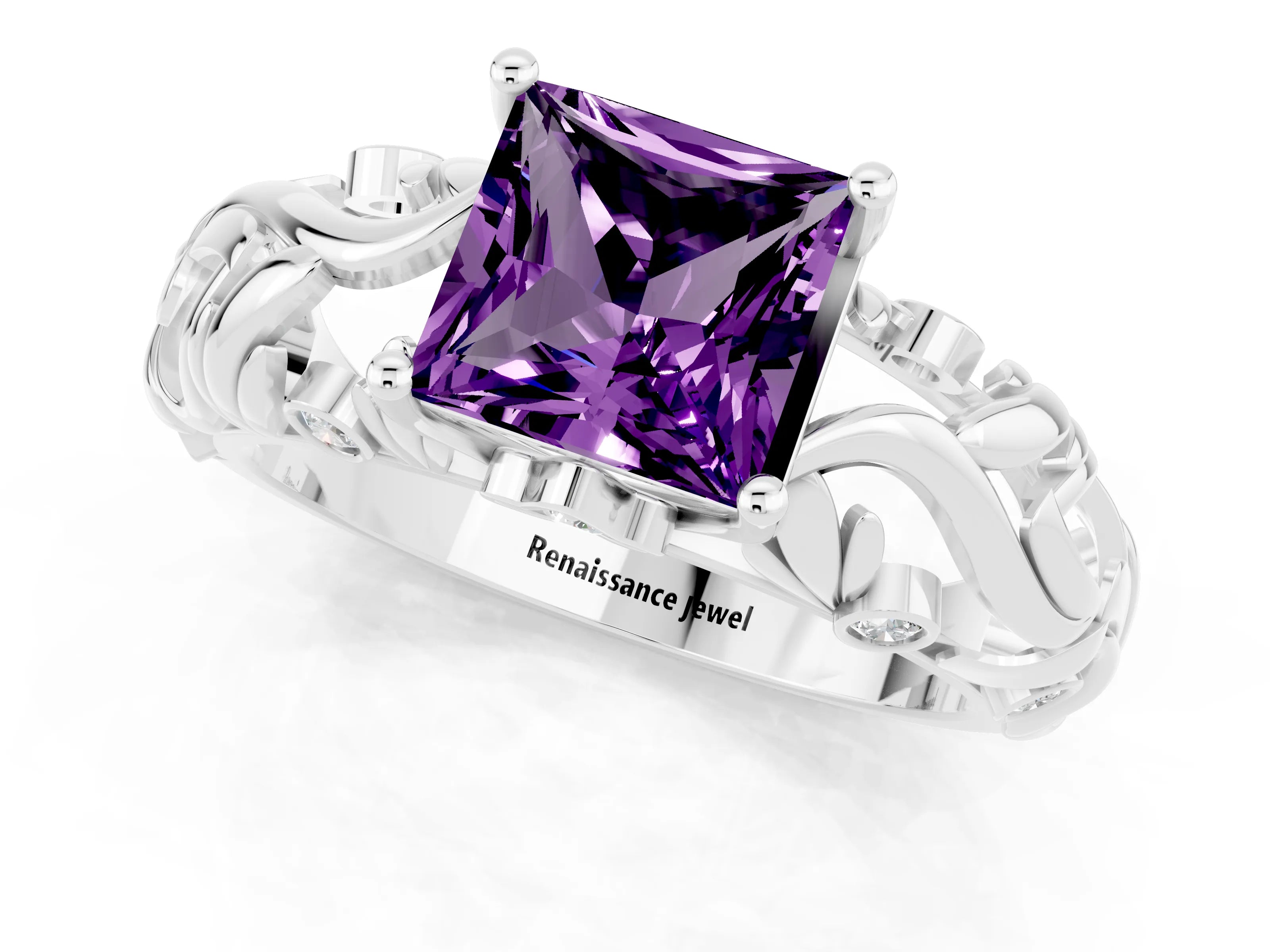 White gold Princess Cut Solitaire Amethyst Leaf-Inspired Vine Band Ring with Prong Setting_1