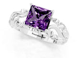 White gold Princess Cut Solitaire Amethyst Leaf-Inspired Vine Band Ring with Prong Setting_1