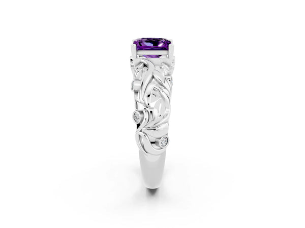 White gold Princess Cut Solitaire Amethyst Leaf-Inspired Vine Band Ring with Prong Setting