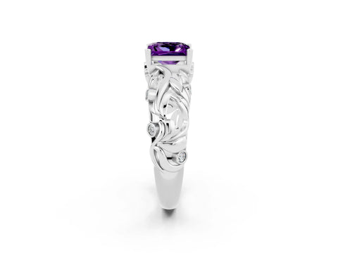 White gold Princess Cut Solitaire Amethyst Leaf-Inspired Vine Band Ring with Prong Setting_2