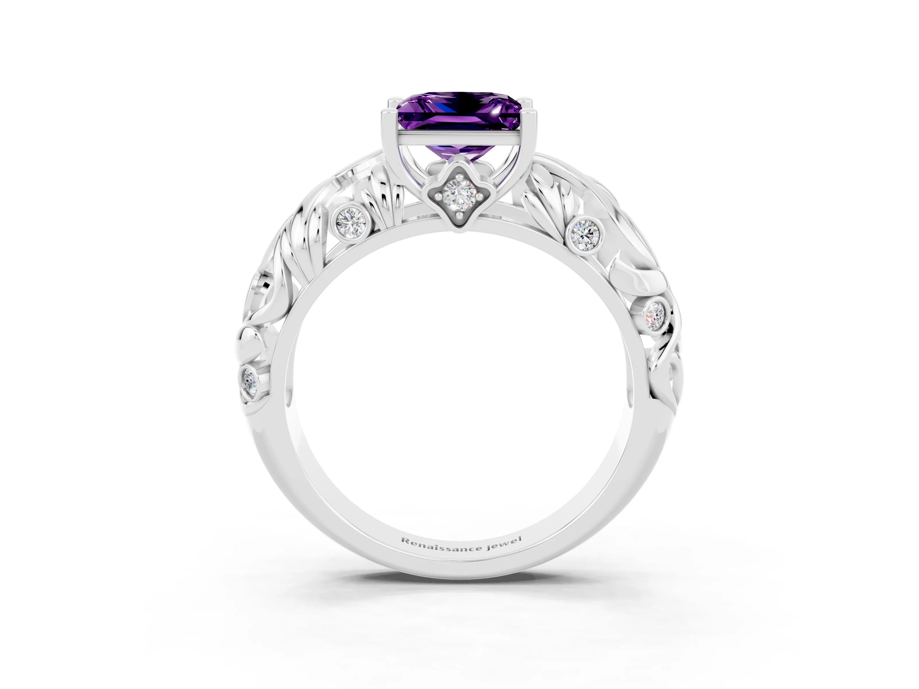 White gold Princess Cut Solitaire Amethyst Leaf-Inspired Vine Band Ring with Prong Setting_3