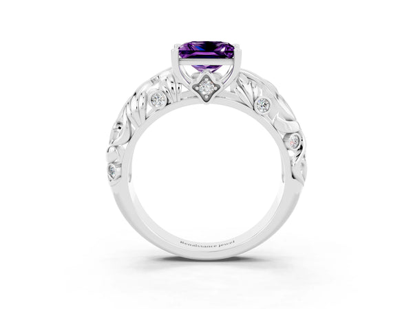 White gold Princess Cut Solitaire Amethyst Leaf-Inspired Vine Band Ring with Prong Setting